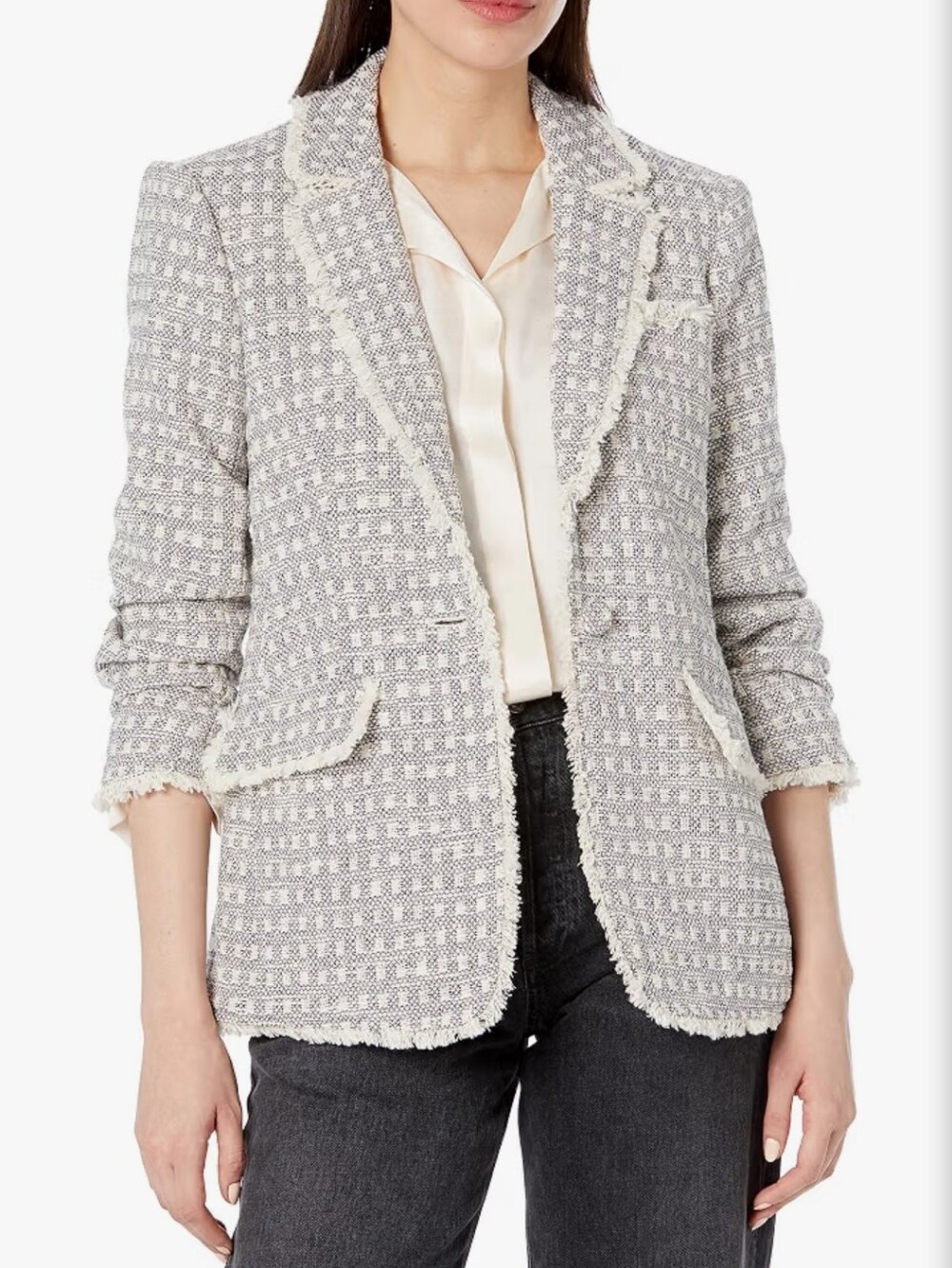 Cing A SEPT  Tweed Fringe Blazer Jacket And Shorts Set - Navy & White Color